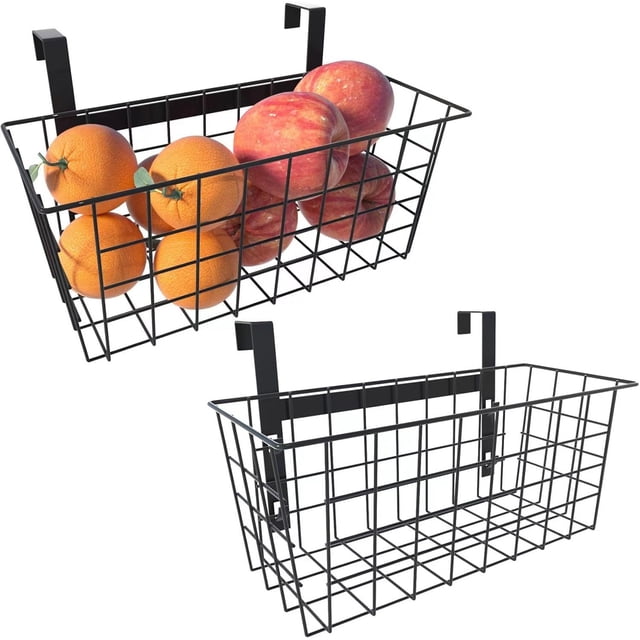 Cesta con gancho, cesta de almacenamiento de rejilla, organizador para puerta del gabinete, cesta colgante de alambre con gancho sobre la barandilla, gabinete de cocina debajo del fregadero