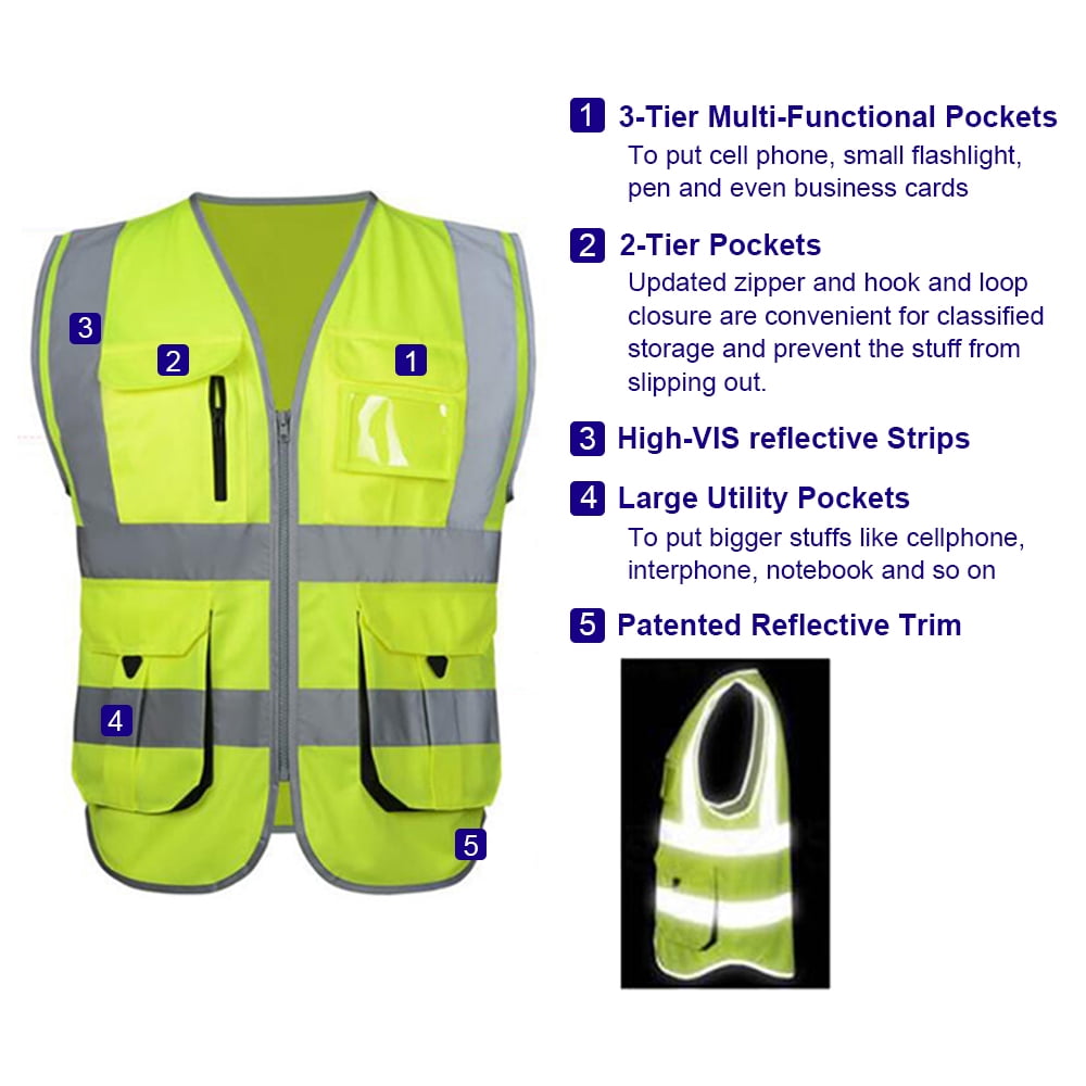Toptie 10 Pockets High Visibility Safety Vest, Reflective Trim Safety Vest-Yellow/Black-2XL