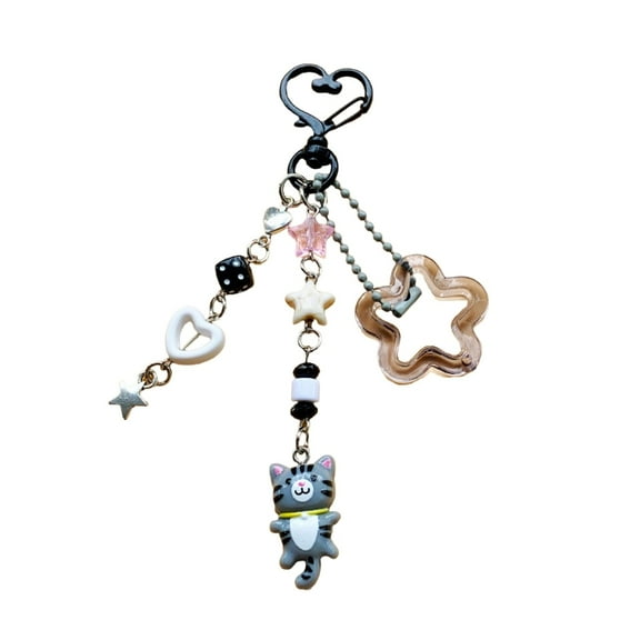 Cartoon Cat Keychain Charm Pendant Colorful Beaded Keyring Fashionable Accessory for Bags and Purses Creative Gift