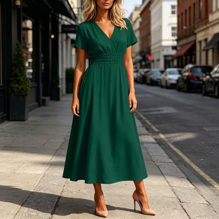 a line flowy midi dress Emlipa Women's Summer Smocked Waisted A-Line Short Sleeve Boho Wedding Guest Beach Dress, Size: 2XL Standard / XS Shasi event:Formal weather gatherings Color:Burnt Olive