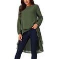 thumbnail image 1 of Blusas asimétricas de chiffon de manga larga con cuello redondo para mujer, estilo casual y elegante, color verde ejército, 1 of 5