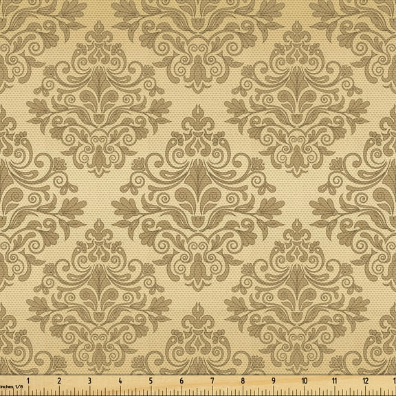 Ambesonne Autumn Damask Fabric by the Yard Upholstery, Oriental Theme Motifs, 2 Yards, Ecru and Camel