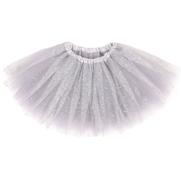 Toddler Tutu Princess Tutu Dress 4 Layered Tulle Girls Tutu Skirt with Sparkling Sequins, Silver, 2-5 Years