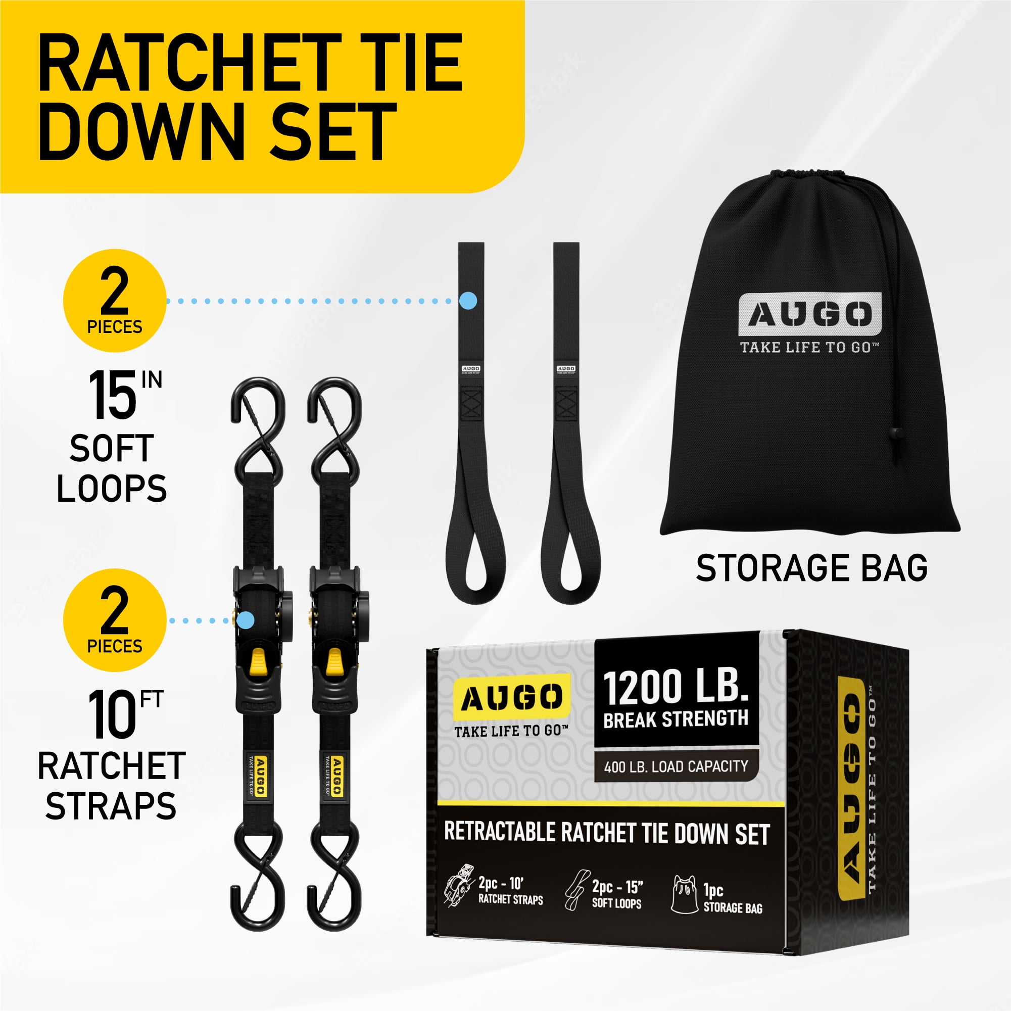 AUGO Retractable Ratchet Straps | 2 Heavy Duty Ratchet Straps Self Retractable Tie Down Straps with Soft Loops & Storage Bag for Motorcycle, Truck, Trailer, Cargo Van |1200 Lb Break Strength 1” x 10’