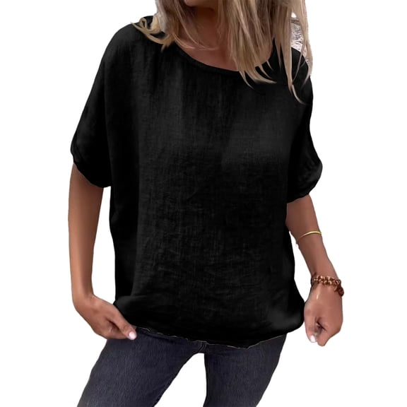 CIENVNSTG Linen Shirts for Women Loose Fit Crew Neck Short Sleeve Tops Plus Size Lightweight Pullover Top Casual Dressy Blouse Black XL