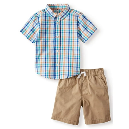 Wonder Nation Short Sleeve Button Down & Shorts, 2pc Outfit Set (Toddler