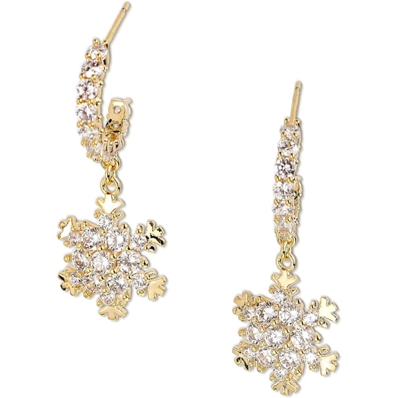 Cubic Zirconia Snowflake Flower Teardrop Drop Dangle Gold Open Hoop Earrings for Women, Cute Sparkly Rhinestone CZ Crystal Dangling Winter Holiday Party Fashion Jewelry Gift
