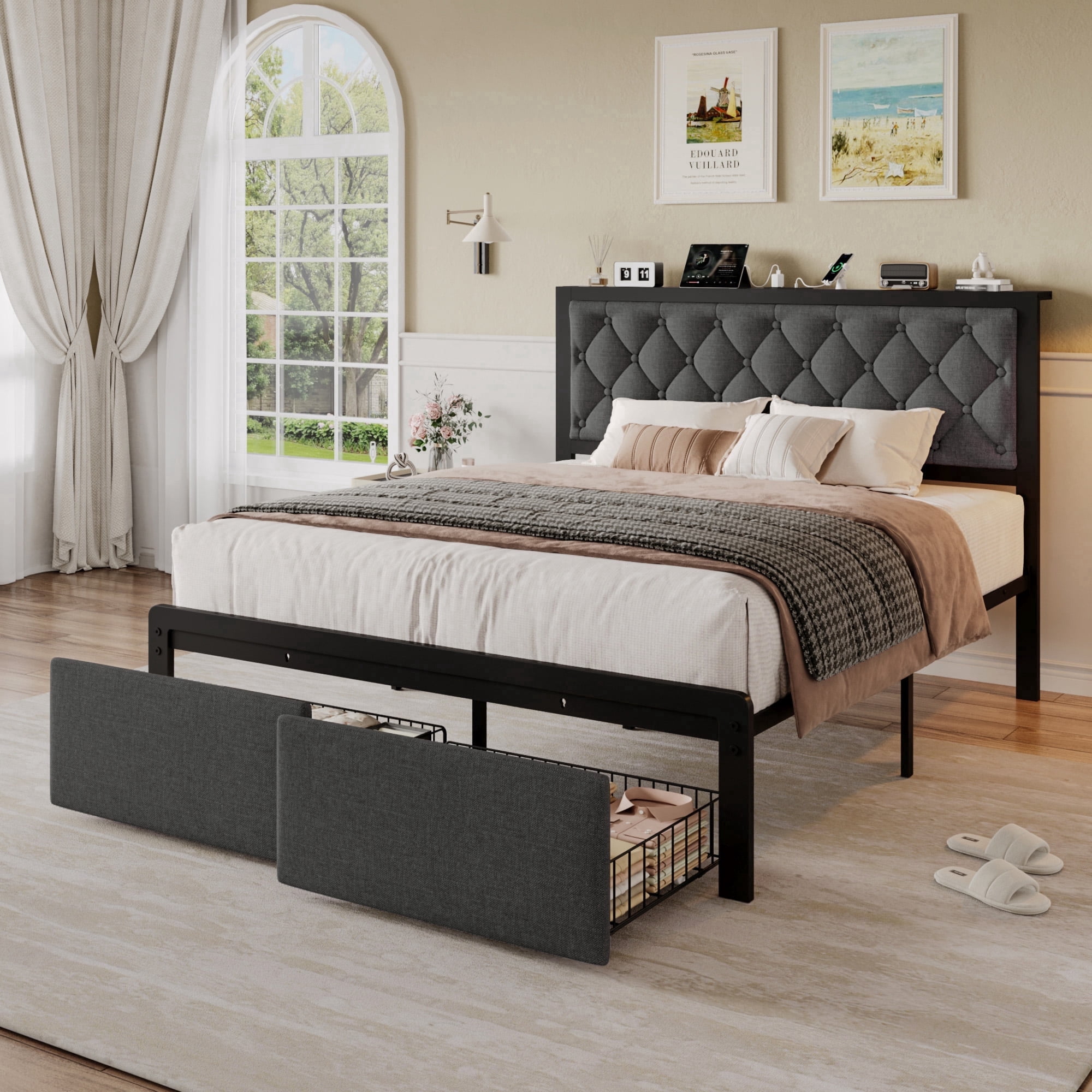 Lifezone Bed Frame with Linen Upholstered Headboard, Lockable Storage, Queen Size, Gray