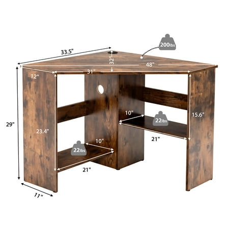Costway Corner Computer Desk Triangle Writing Workstation w/Storage Shelf Rustic - Rustic Brown