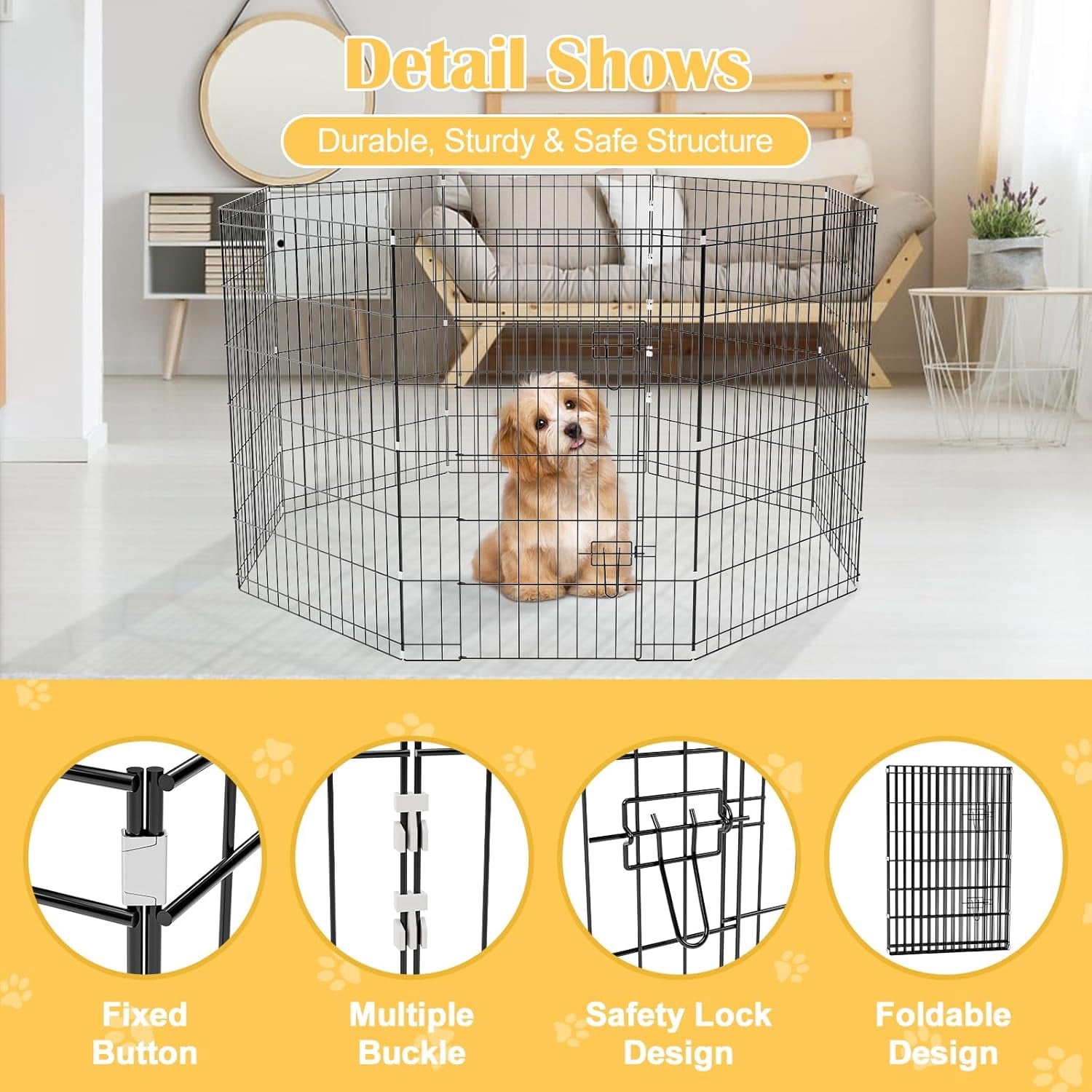 ZephyPaws Foldable 8-Panel Dog Playpen for Indoor Outdoor, 36" Pet Fence with Door, Rustproof & Expandable Puppy Pen for Small/Medium/Large Dogs, Rabbits, Ducks - Quick Assembly for Yard, RV, Travel