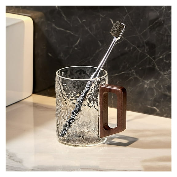 Glass Toothbrush Cup Mouthwash Cup with Handle, Toothbrush Can Be Placed, Glacier Texture Style