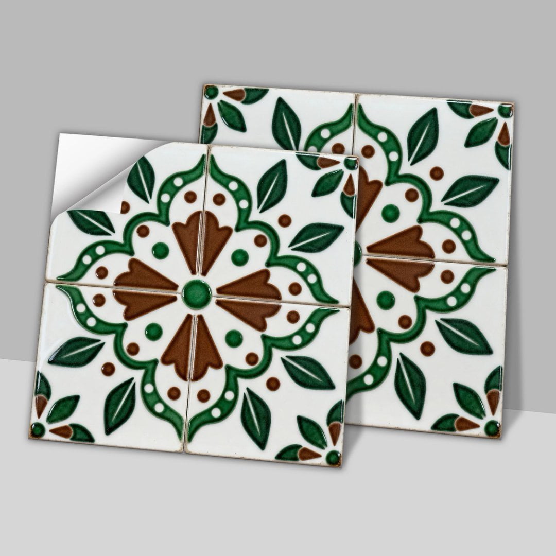 24Pcs Matte PVC Tile Sticker Waterproof Peel and Stick Backsplash 7.87" x 7.87" Green Brown Flowers Wall Stickers Self Adhesive DIY Decor Decals