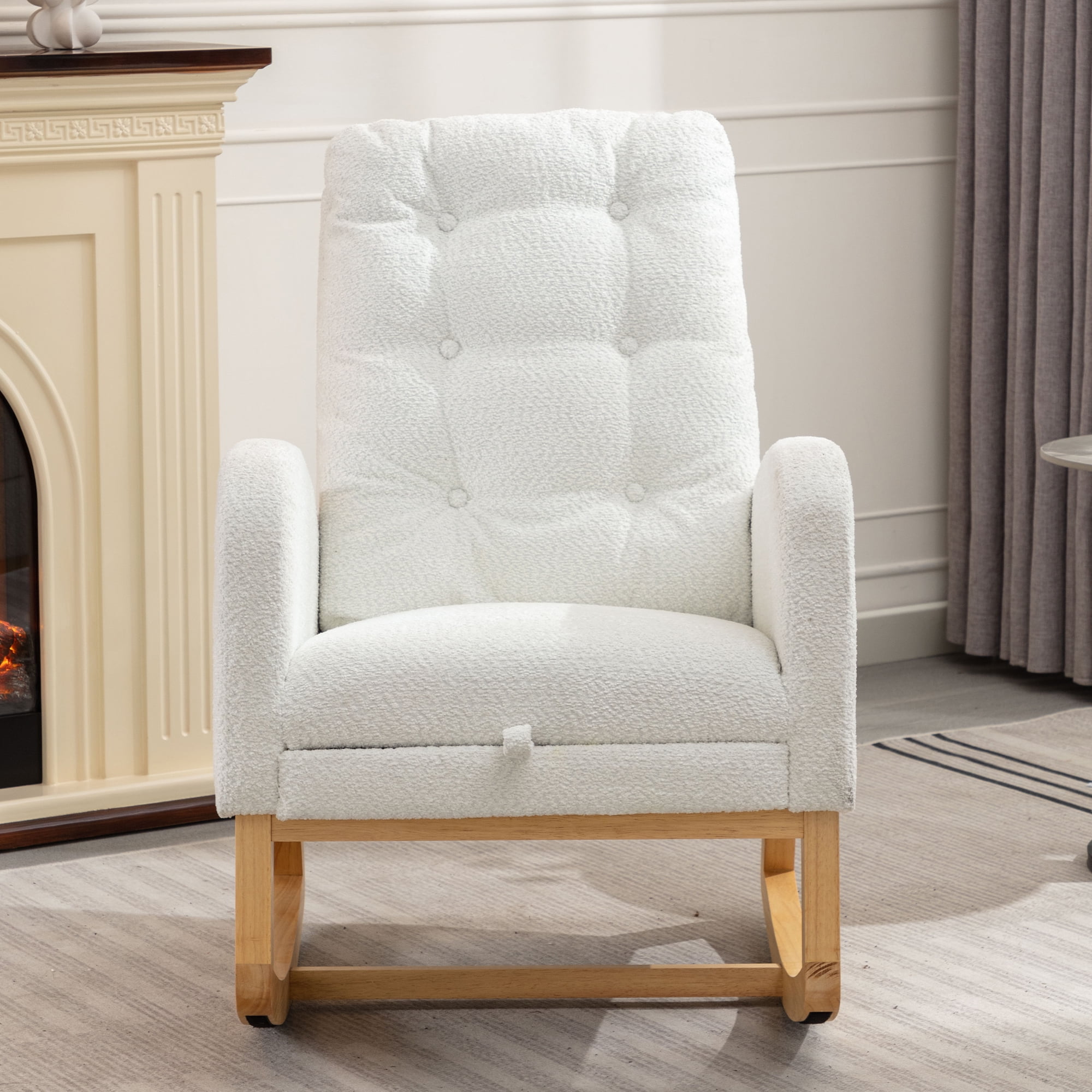 DEALTOPS Rocking Accent Chair with Footrest High Back Rubber Wood Legs for Bedroom Living Space-White