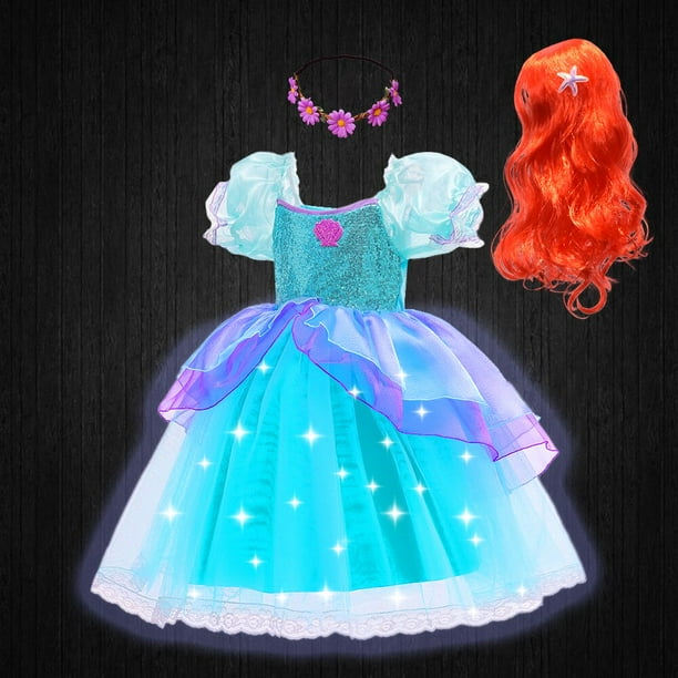 Vestido de La Sirenita para niñas, traje de princesa Ariel con luz LED verde, tul esponjoso, disfraz de hada luminosa para Halloween, novedad de 2023 Fivean unisex
