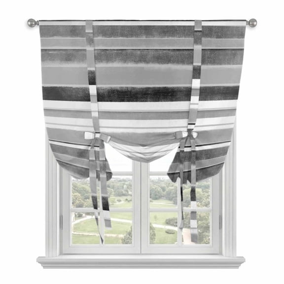 Grey Nordic Style Stripes Tie Up Curtains for Small Windows,Adjustable Rod Pocket Valance 45 Inch Short, Black Gray Texture Window Treatment Balloon Roman Blind Shade, 34" x 45"