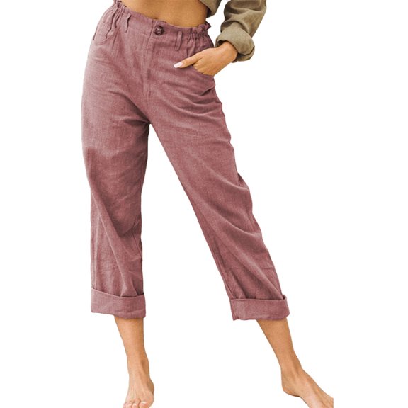 Seyurigaoka Women Juniors High Waist Trousers Cotton Linen Loose Casual Straight Button Cargo Wide Leg Elastic Waist Pants with Pockets for Teen Girls