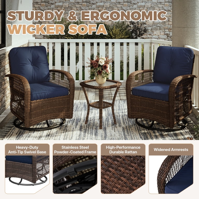 BaPiPro Navy Blue Swivel Rocker Wicker Conversation Set, 3-Piece photo 3