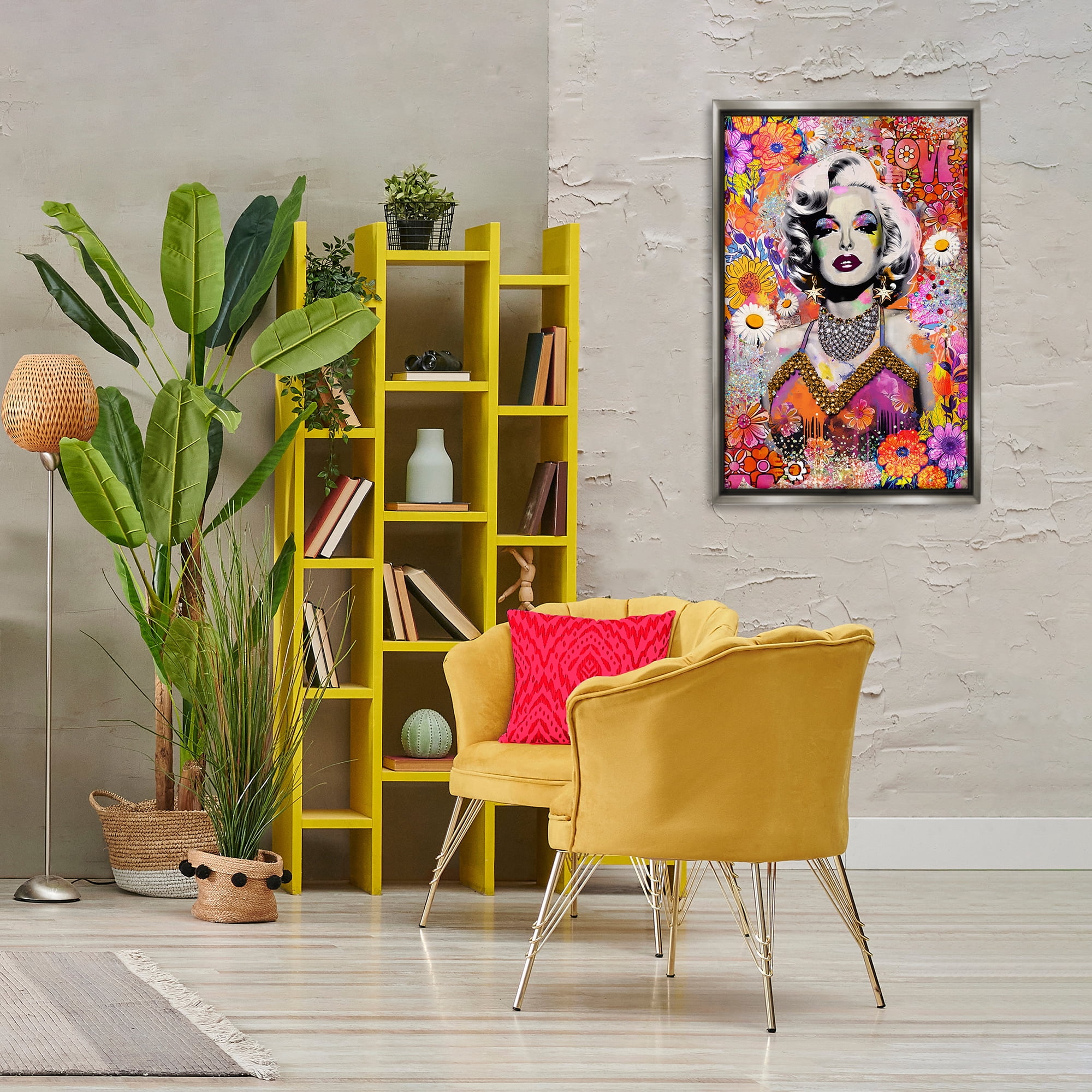 Stupell Industries Hippie Bedecked Marilyn People Painting Gray Floater Framed Canvas Art Print Wall Art, 21 x 31