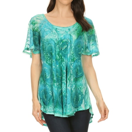 Sleeve Embroidery Lace Sakkas Lena Tie-dye Short Sleeve Blouse Top with Crochet Lace and Embroidery - Green - One Size Plus ()