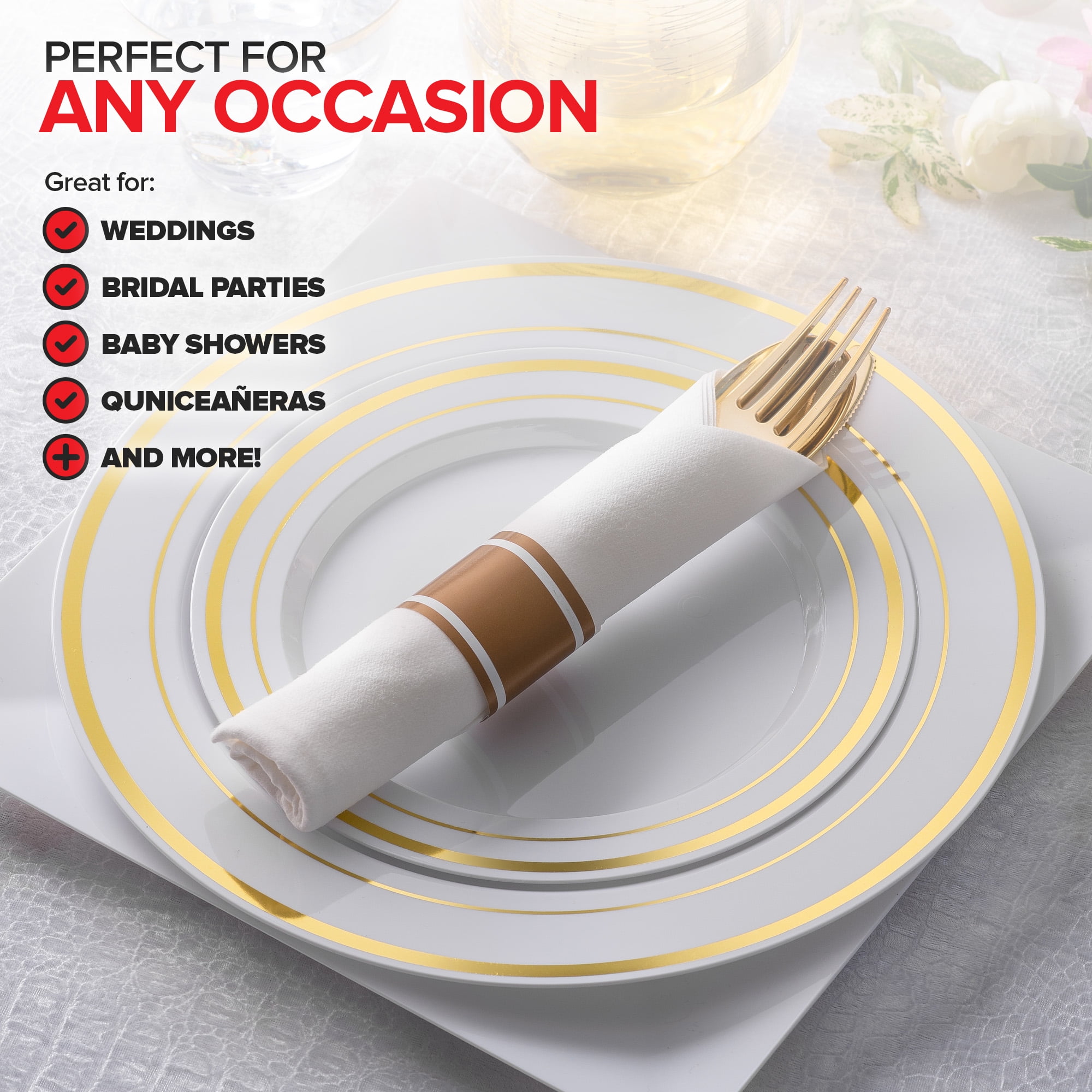 200 Pieces Pre Rolled Gold Plastic Cutlery Set, Individually Wrapped Plastic Silverware Set with 50 Forks, 50 Knives, 50 Spoons, 50 Napkins, Utensils for Weddings, Service for 50 Guests