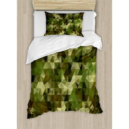 Sage Duvet Cover Set, Abstract Camouflage Pattern with Fractal Look Geometric Triangles Shapes Mosaic Design, Decorative Bedding Set with Pillow Shams, Green, by