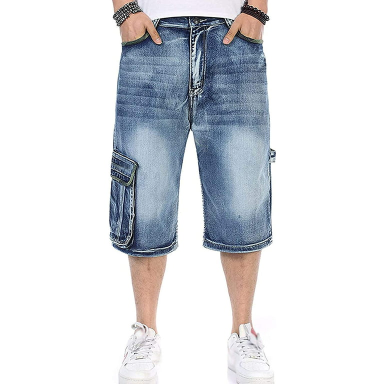 Men Loose Denim Shorts Hip Hop 3/4 Length Jeans Baggy Roll Up Cargo Pocket  Work