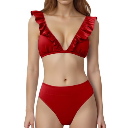 Womens Swimsuits Solid Color Sexy V Neck Ruffles Bra And High Waist Panty Set Two Piece Tankini Swimsuits For Women Swimwears Bathing Suits Red S