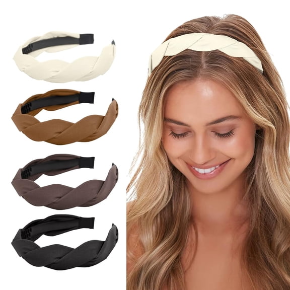 4-Piece Braided Headband for Women and Girls, Wide Non-Slip Hairband, Woven Fashion Hair Hoop Accessories in Solid Colors