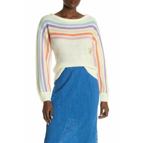 Lush Women's Long Sleeve Knitted Pullover Sweater In Ivory Rainbow Stripe Size M