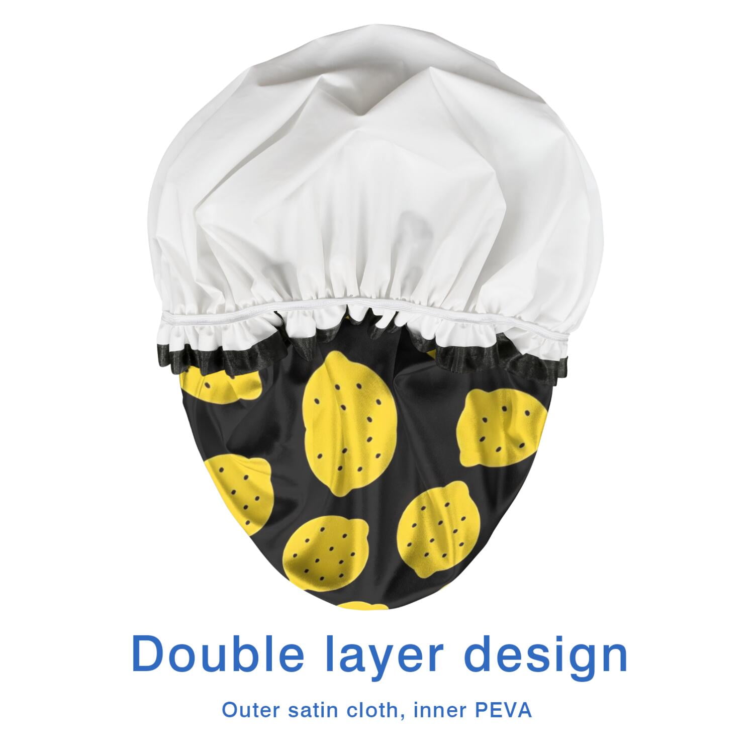 Shower Caps,Yellow Lemon Fruit Dots Black Pattern Waterproof Shower Cap for Women 4 Pieces,Double Reusable Hair Cover for Shower PEVA Elastic Stretch Hem