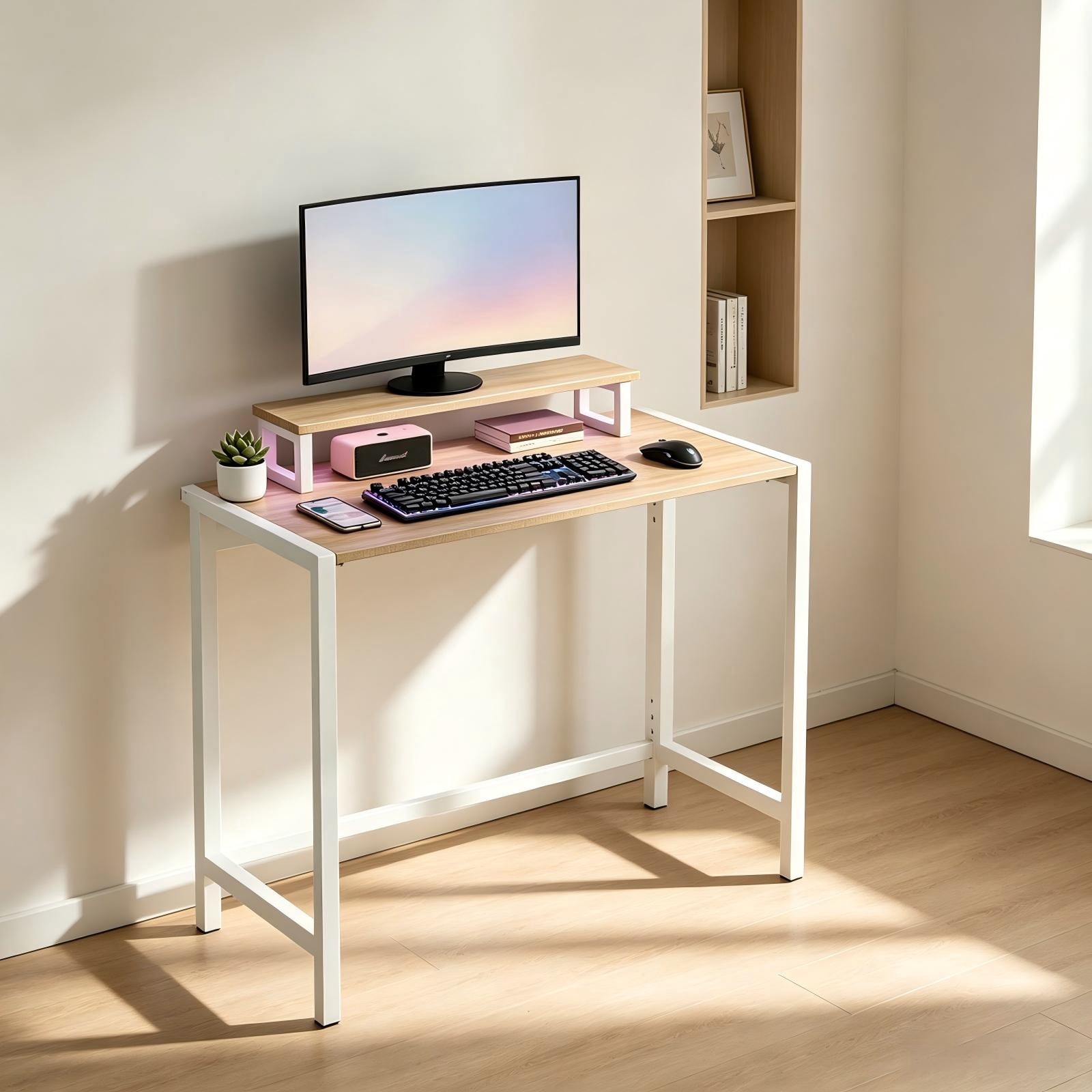 31.5" Computer Desk with Desktop Shelf and RGB Lighting, Foldable, Teak & White