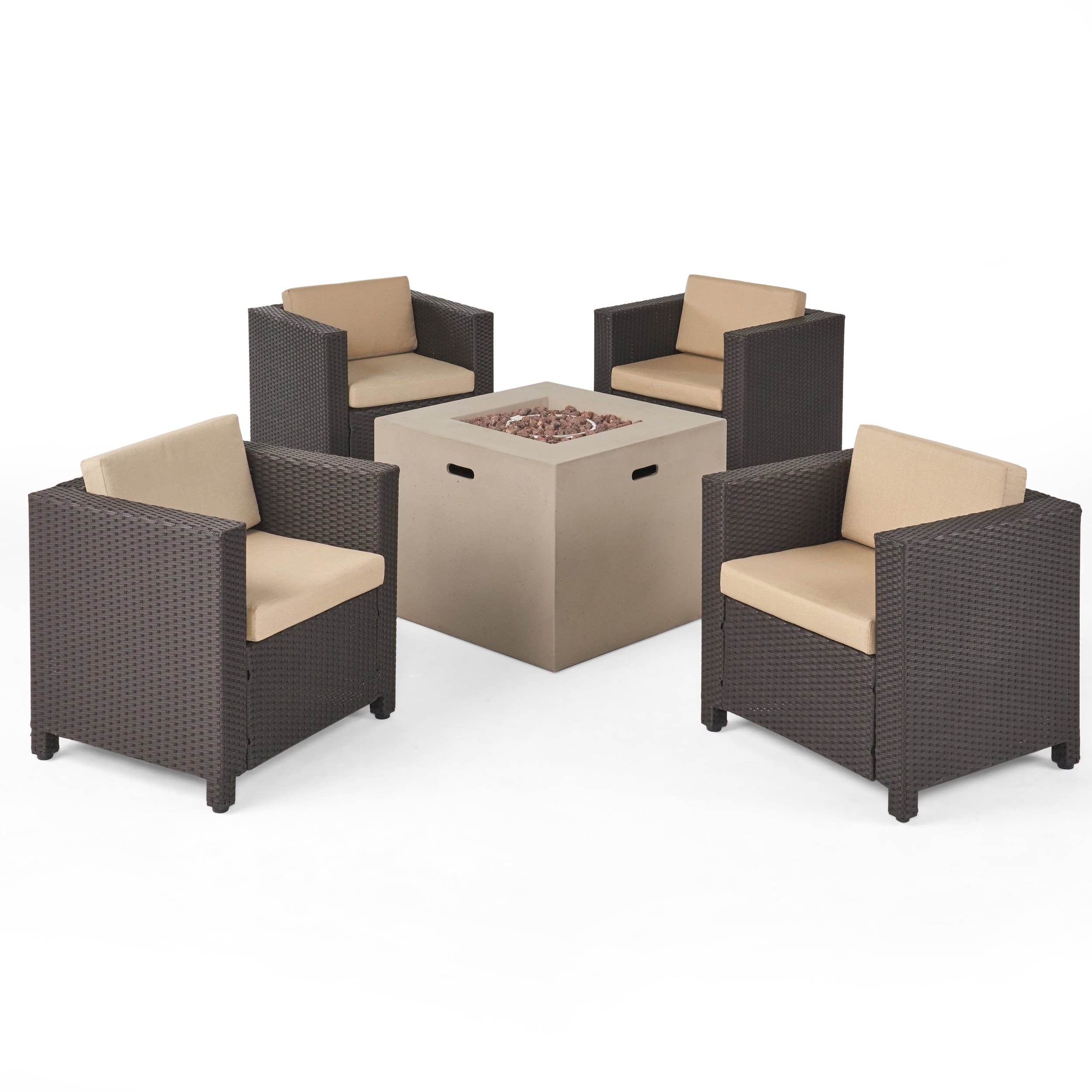 Franklin Outdoor 5 Piece Wicker Club Chair Set with cushions and Square Fire Pit, Dark Brown, Beige, Light Gray