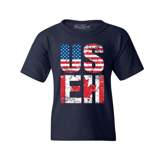 Shop4Ever Kids US EH American Canadian Flag Humor Graphic Child's Youth T-Shirt X-Large Navy Blue