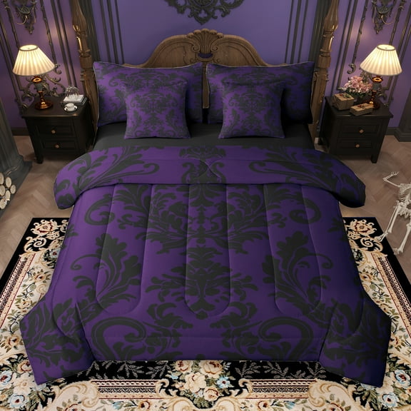 Manfei Purple Black Damask 7-Piece Twin Bedding Sets for Adult, Bohemian Flower Floral Bedding Comforter Set, Hippie Mandala Style Reversible Sheet Sets, Luxury Bedroom Decor