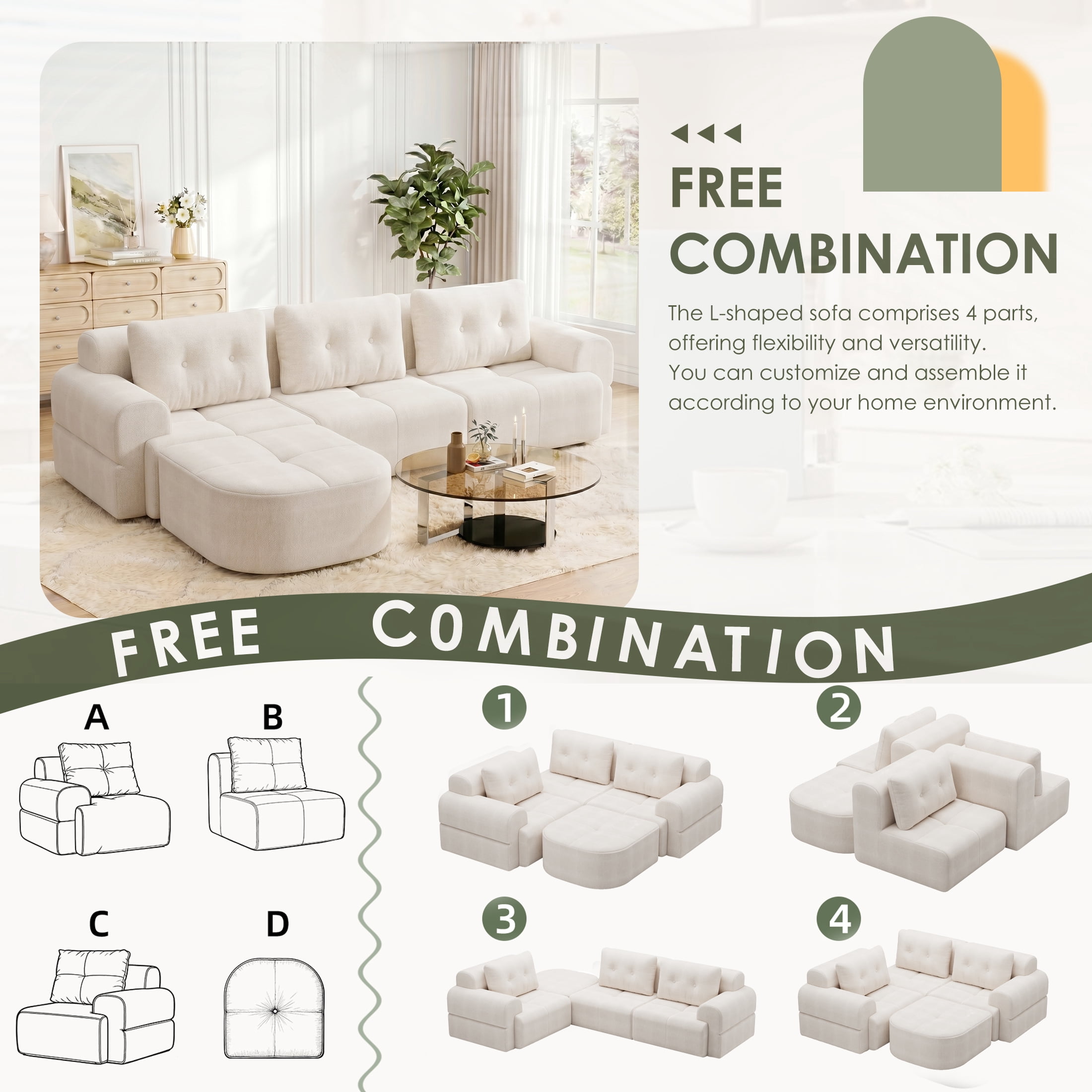 AISWORD 112" Modern L Shaped Modular Sectional Sofa, Cloud Sectional Deep Seat Couch, 4 Seater High-Density Memory Foam Couch Chenille Sofa, Boneless Couches for Living Room, No Assembly, White