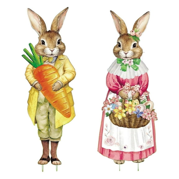 Clearance Items Easter Outdoor Yard Signs, 2-Piece Large Metal Vintage Bunny with Carrot and Egg, Rustic Farmhouse Style Yard Decoration with Stakes for Kids, Family, and Home