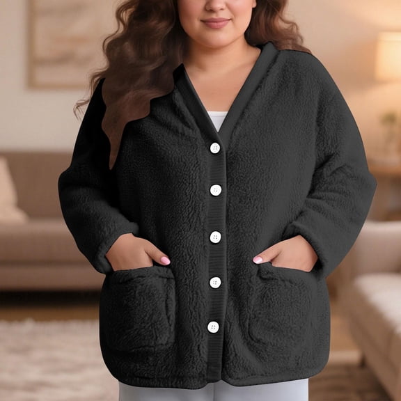 Pyhlmscde Women's Fuzzy Fleece Jacket V Neck Button Down Long Sleeve Pajamas, Womens Cardigan Sweaters, Fleece Pajamas Women, Womens Winter Clothes
