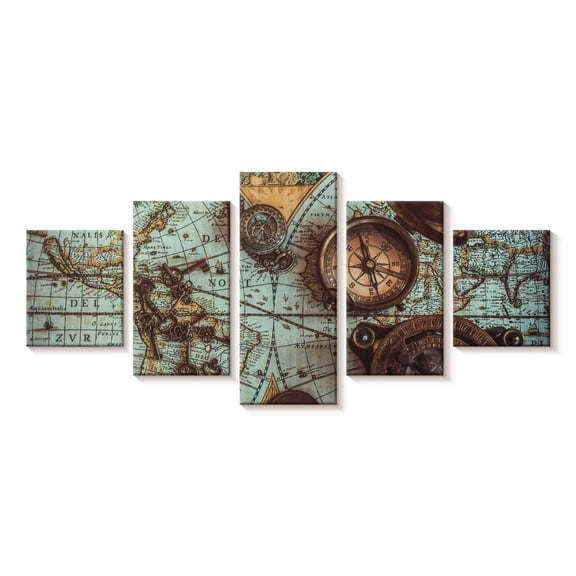 Elephant Stock Antique Pirate Map Wall Art - Horizontal Multi Panel Canvas - Living Room Wall Decor - Nautical Multi Panel - Brown And Blue Decor - 29" x 12"