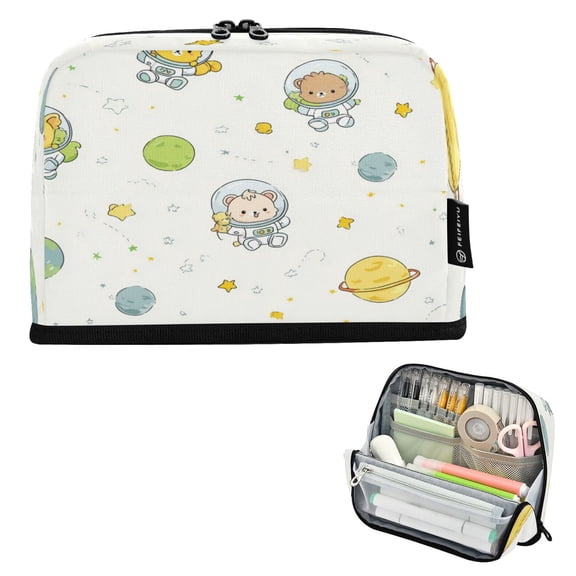 Pencil Bag with Magnetic Foldable Base Large Capacity Stand-Up Pencil Case Durable Nylon Pen Pouch Cute Animals Wearing Spacesuits