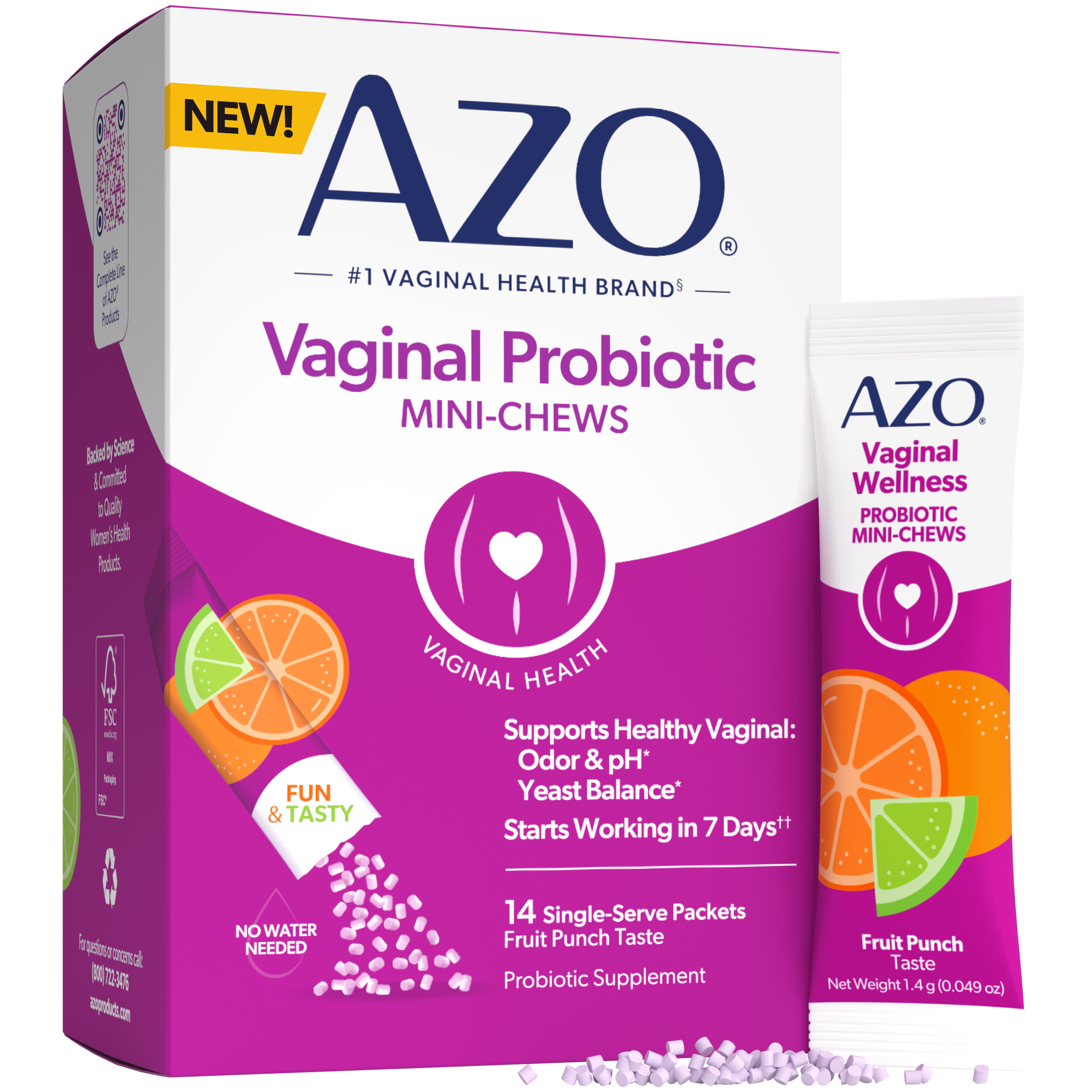 AZO Vaginal Health Probiotic Mini-Chews Daily Supplement, Supports Vaginal Health & Flora, Fruit Punch Flavor, 14 Packets