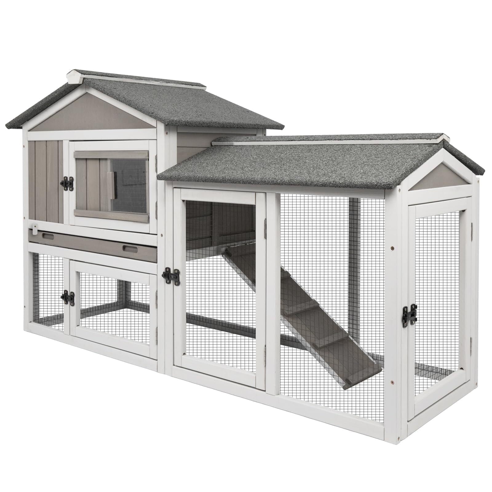 PETSCOSSET Rabbit Hutch Indoor Outdoor 57" L Bunny Hutch with Pull Out Tray,2 Story Wooden Rabbit Cage with Asphalt Roof,Guinea Pig Cage with Ventilation Doors,Ramp for Small Animals,Gray