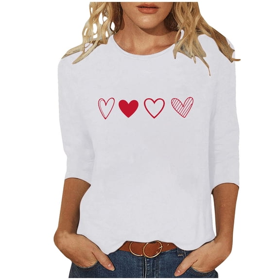 ABATAB Plus Size Valentine's Day Womens 3/4 Length Sleeve Shirts Crewneck Neck Love Heart Print T Shirts Casual Gift Tops
