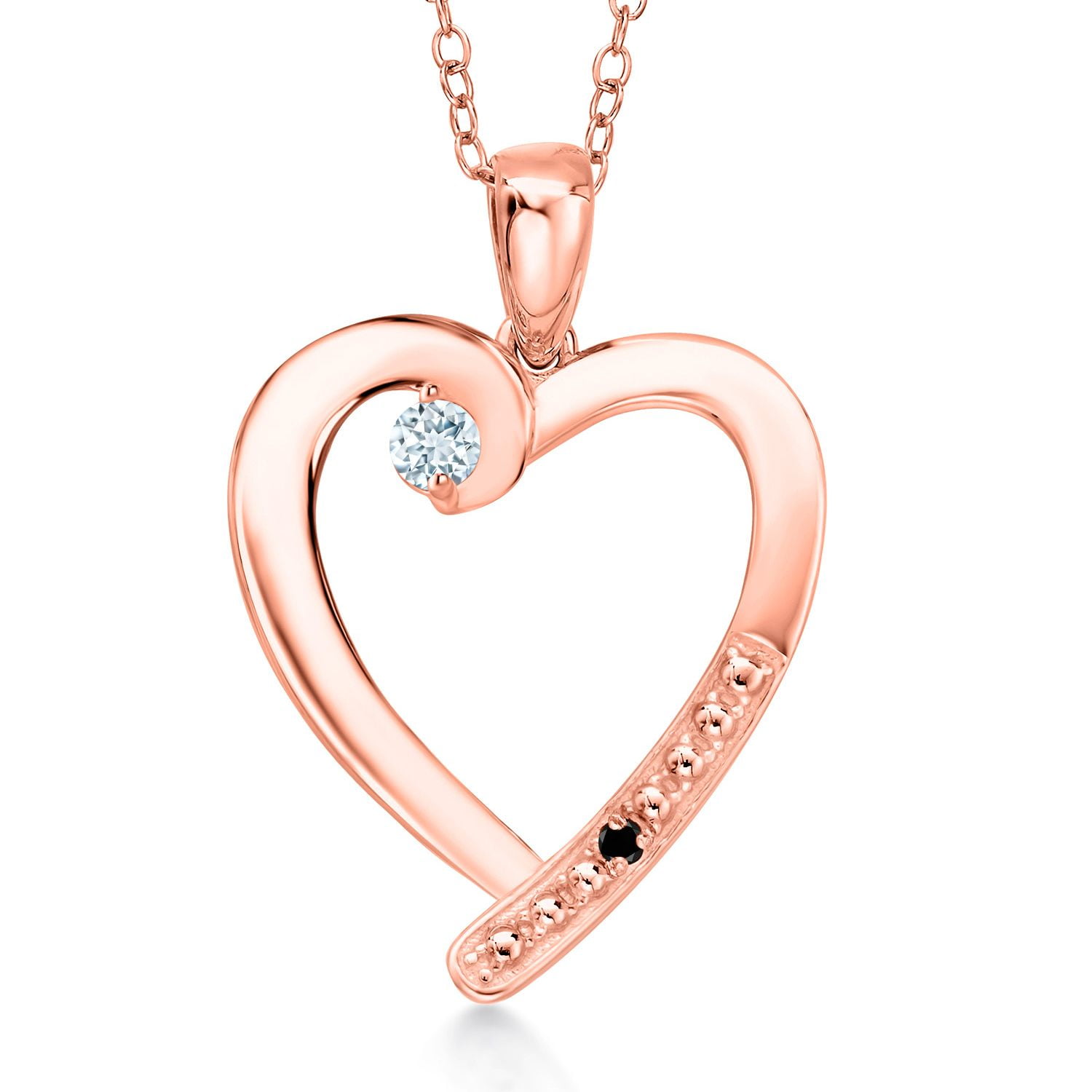 Gem Stone King 18K Rose Gold Plated Silver Sky Blue Aquamarine and Black Diamond Heart Pendant Necklace for Women | 0.19 Cttw | Gemstone March Birthstone | Round 3.5MM | With 18 inch Chain