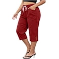 thumbnail image 2 of VBVC Women's Plus Size Cotton Linen Capri Pants , Side Button Summer Shorts For Women , Ladies' Drawstring Lounge Pants with Pockets, Red , L-5XL, 2 of 7