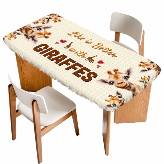 Giraffe Table Cloths for 3 Foot Rectangle Tables, Red Love Heart Animals Plaid Patio Waterproof Elastic Fitted Tablecloths, Washable Rectangular Table Cover for Camping