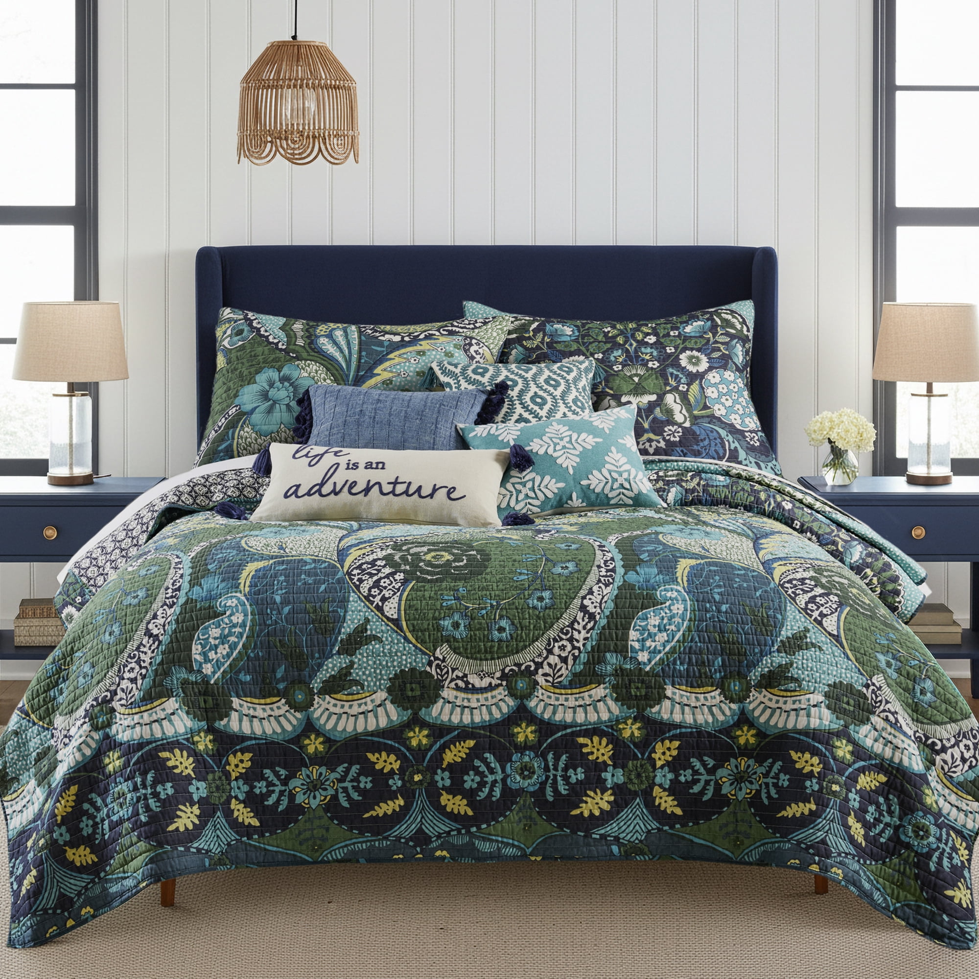 Levtex Home - Jules Quilt Set - Full/Queen Quilt + Two Standard Pillow Shams - Bohemian - Navy, Green, Blue, Teal - Quilt Size (88x92in.) and Pillow Sham Size (26x20in.) - Reversible - Cotton Fabric