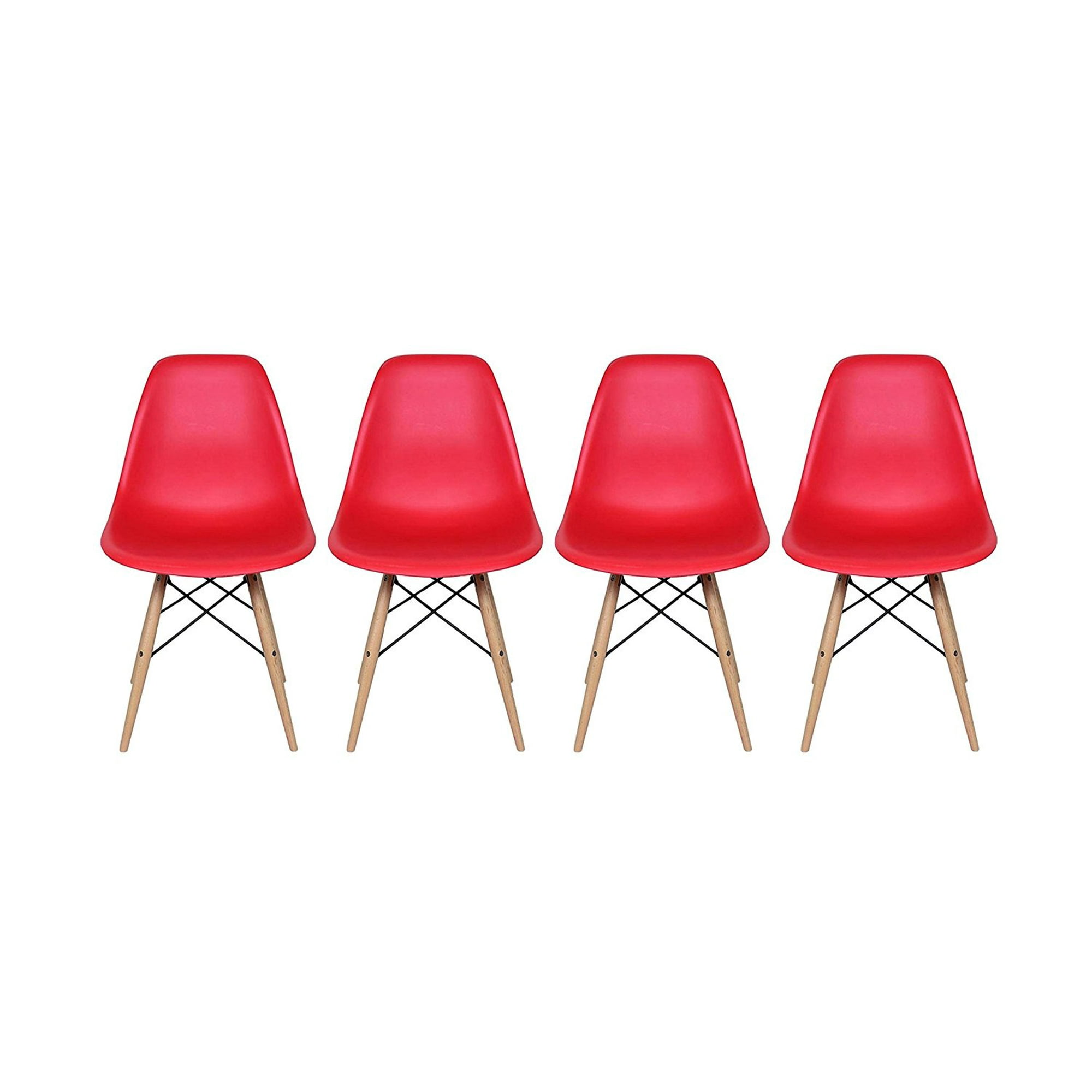 Set Of Four 4 Red Eames Style Side Chair With Natural Wood Legs Red Eames Style Side Chair With Natural