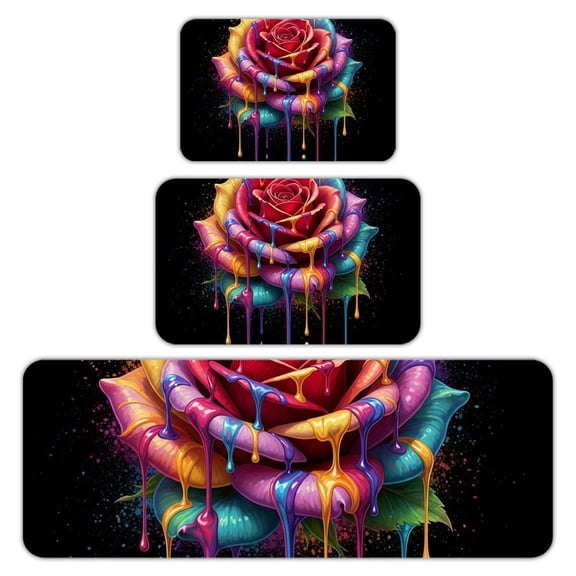 RKSupls Kitchen Rug Set 3 Piece Anti-Slip Flannel Floor Mats, Colorful Rose Washable Absorbent Runner Mats for Kitchen Bathroom Home Decor