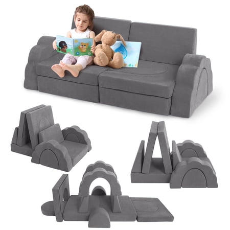 Kids Sofa Couch, 11 Pcs Toddler Sofa for Kids, Modular Kids Couch for Playroom, Convertible Foam Floor Sofa, Gray
