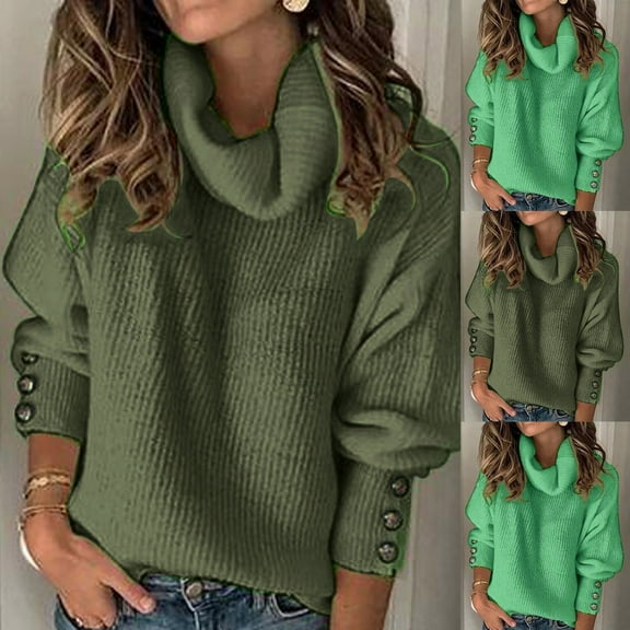 Olyvenn Pullover Blouse Knit Short Sweaters for Women Solid Fashion Ladies Sweaters Tops Loose Casual Autumn and Winter Womens Cowl Neck Button Long Sleeve Female Leisure Green L